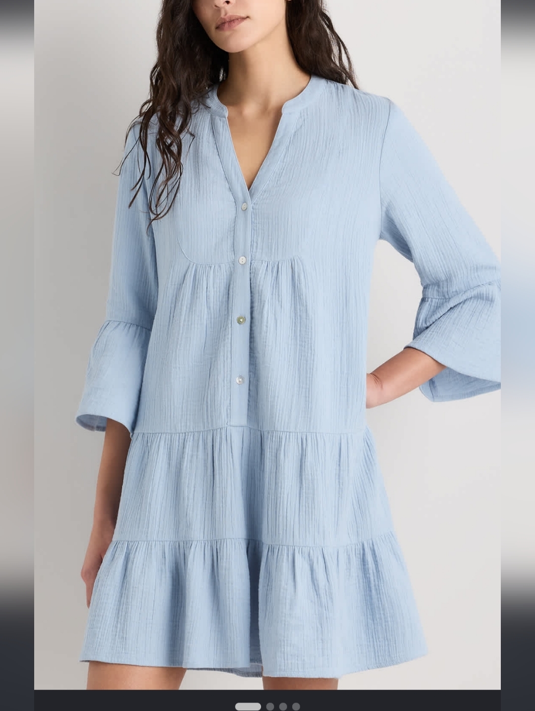 Quince 100% Cotton Gauze Tiered V-Neck Dress Ocean Breeze Nwt
